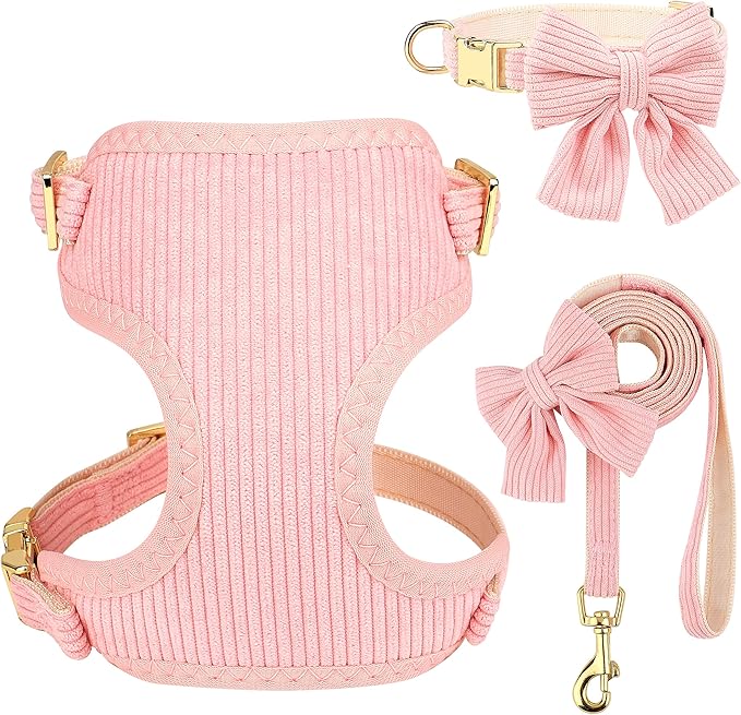 Didog Cute Small Dog Harness Collar and Leash Set with Bowtie, Breathable Soft Mesh Padded Puppy Harness, Pink Dog Harness...
