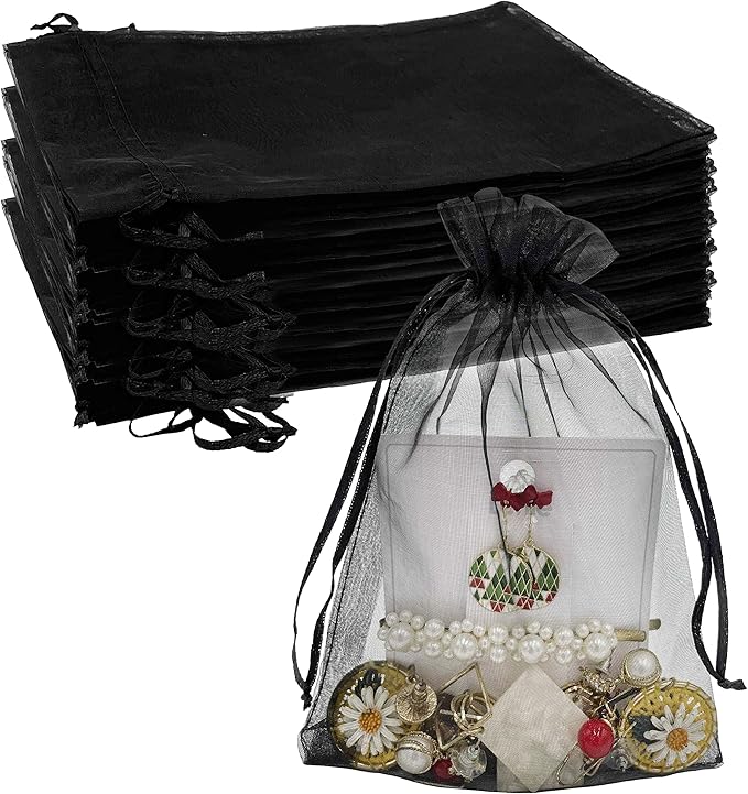 Jexila 100PCS Sheer Organza Bag 5''X7'' Black Mesh Bags Drawstring Gift Bag Small for Jewelry Goodie Candy Wedding Party F...