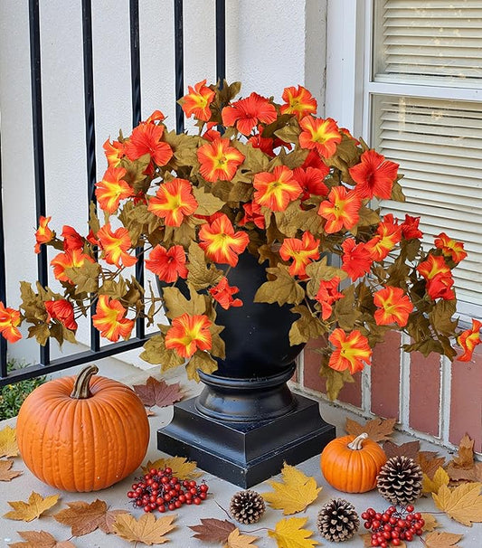 HyeFlora Artificial Fall Flowers for Outdoors Decoration 2PCS Autumn Faux Morning Glory Look Real Silk Flowers for Outside...