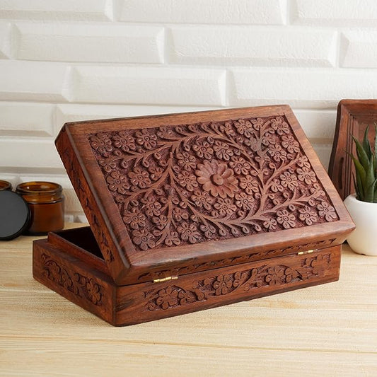 Ajuny Wooden Handcarved Decorative Jewelry Storage Box Flower Design Multipurpose Treasure Chest Keepsake Organizer Neckla...