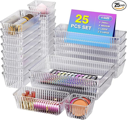 Okylvve 25 PCS Clear Plastic Drawer Organizer Set - 4 Sizes Makeup Organizer Desk Drawer Divider Bathroom Organizers and S...