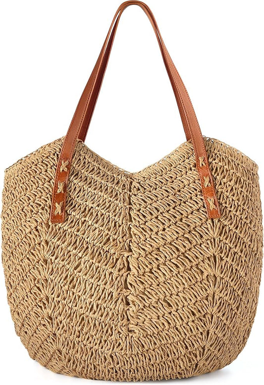 Loiyadn Beach Bags for Women - Straw Bag with Zipper, Soft Woven beach bag, Casual Straw Shoulder Bag for Daily Use