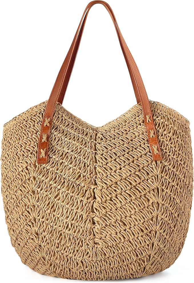 Loiyadn Beach Bags for Women - Straw Bag with Zipper, Soft Woven beach bag, Casual Straw Shoulder Bag for Daily Use