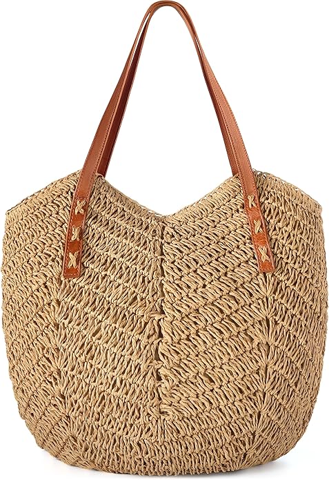 Loiyadn Beach Bags for Women - Straw Bag with Zipper, Soft Woven beach bag, Casual Straw Shoulder Bag for Daily Use