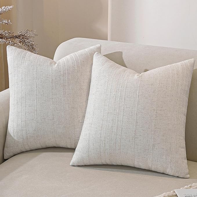 QDTTSRY Natural Linen Boho Throw Pillow Covers Set of 2-20x20 Inch Rustic Striped Farmhouse Decor Pillowcase, Breathable &...