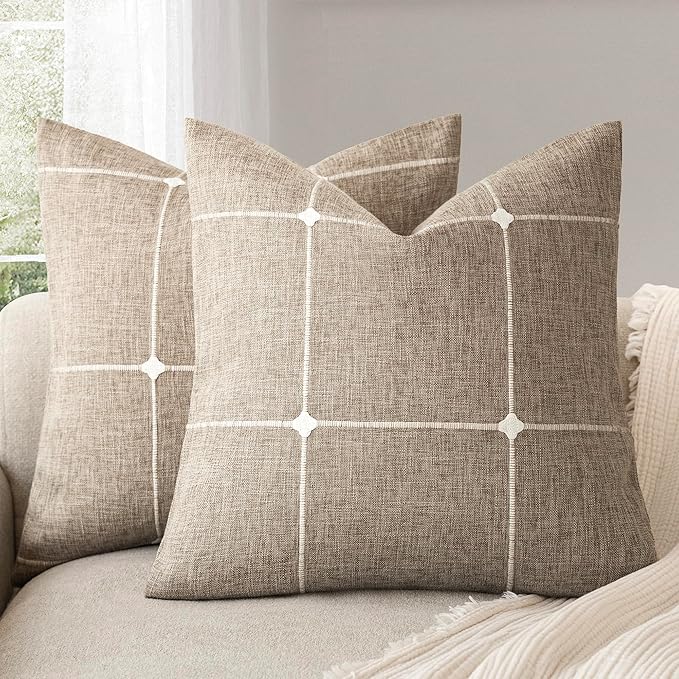 Foindtower Pack of 2 Decorative Faux Linen Jacquard Check Throw Pillow Covers Farmhouse Cushion Cover with Grid Textured A...
