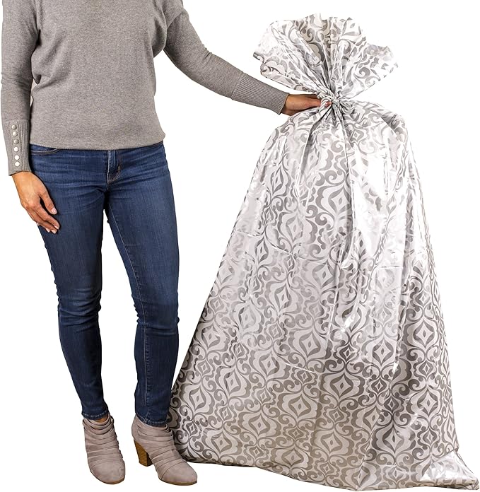 Hallmark 56" Large Plastic Gift Bag (Silver Damask) for Engagement Parties, Bridal Showers, Weddings, Valentines Day, Holi...