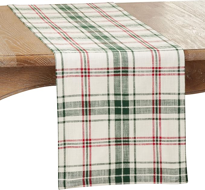 SARO LIFESTYLE Mamie Collection Plaid Design Table Runner, 14" x 72", White/Green