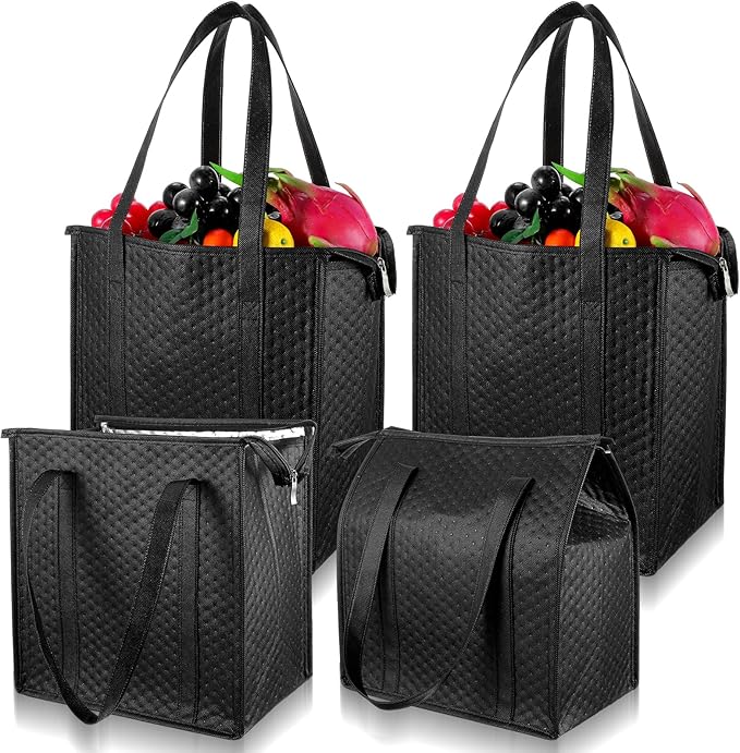 Afcabakila 4 PCS Insulated Grocery Bags, Reusable Thermal Cooler with Zipper for Food Shopping, Travel, Beach, and Picnic,...