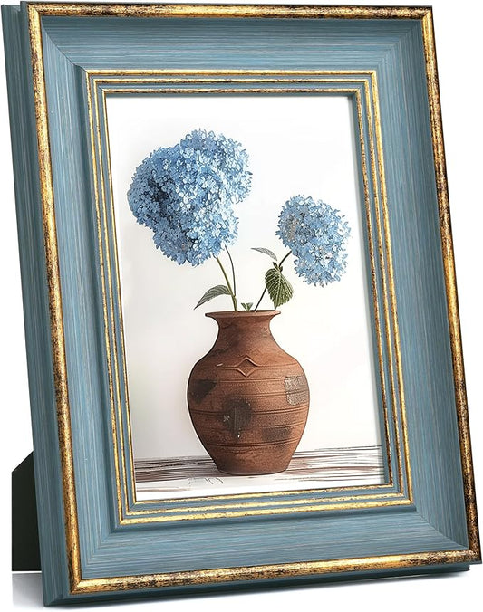 Afuly 5x7 Vintage Picture Frame Elegant Retro Picture Frame Blue Gold Photo Frame Wall Hang Desktop Summer Home Decor Wedd...
