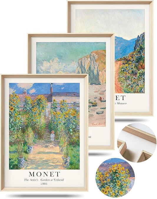 HesenDot Framed Claude Monet Wall Art 3 Piece,12x16in High Framed Design Canvas Prints Wall Decor,Vintage Impressionism La...