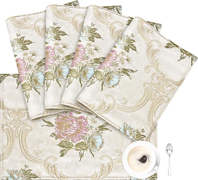 Loom and Mill Jacquard Floral Placemats Set of 4, Luxury Elegant Non-Slip Table Place Mats for Home Kitchen Party Banquet ...