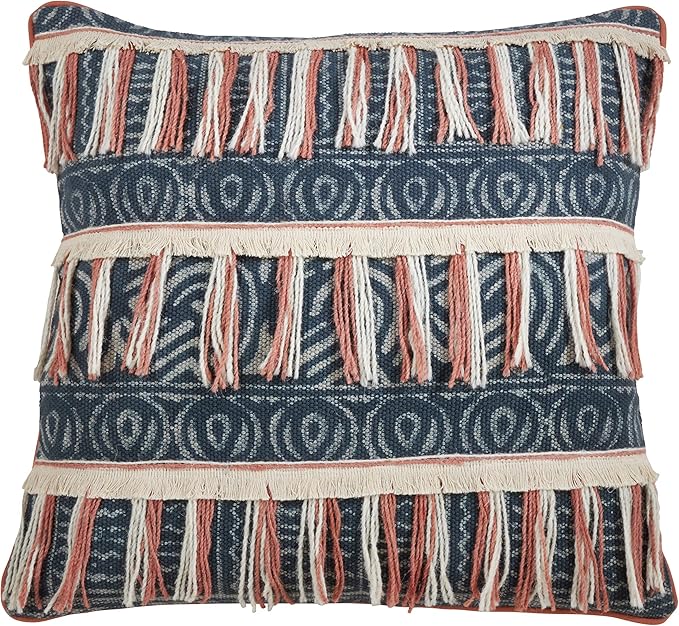 SARO LIFESTYLE Beechums Collection Block Print Embroidered Fringed Poly Filled Pillow, 22", Blue