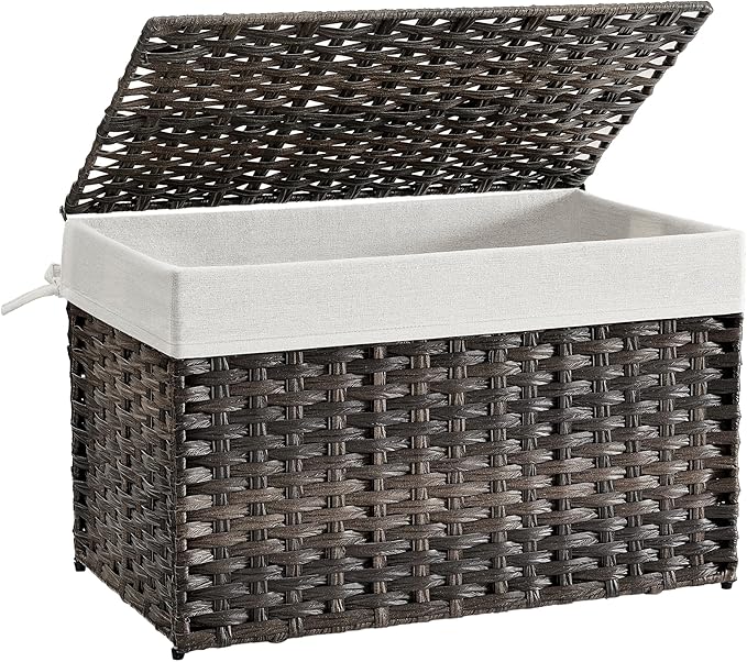 SONGMICS Storage Basket with Lid, Woven Blanket Storage Bin with Handles, Foldable, Removable Liner, Metal Frame, for Bedr...
