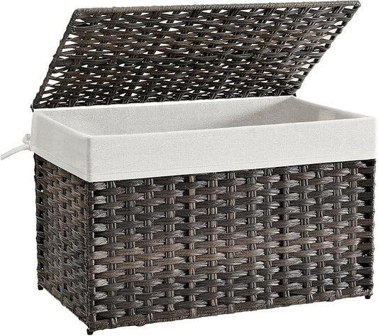 SONGMICS Storage Basket with Lid, Woven Blanket Storage Bin with Handles, Foldable, Removable Liner, Metal Frame, for Bedr...