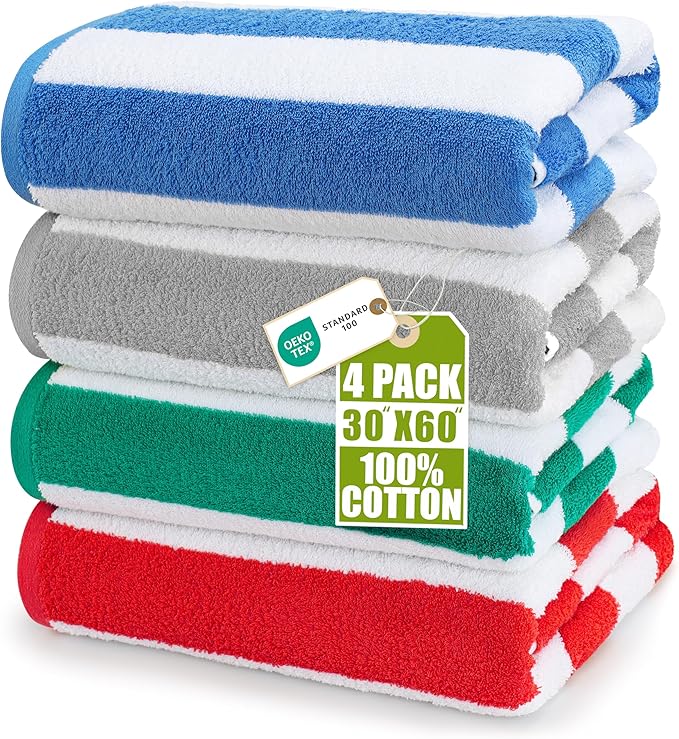 Utopia Towels Pack of 4 Cabana Beach Towels, Oversized 30 x 60 Inches Cotton Beach Towel Set, Smooth Ring Spun Texture for...