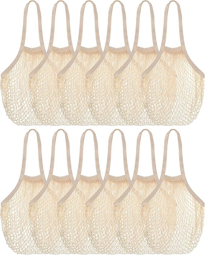 Eccliy 12 Pieces Reusable Cotton Mesh Grocery Bag Farmers Bags Net Shopping Beach Organizer Bulk Aesthetic Portable Tote w...