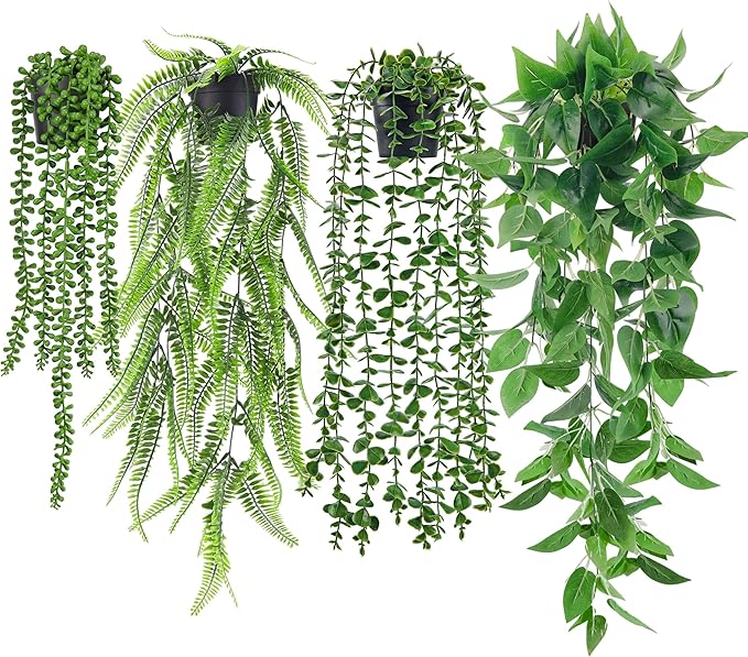 Der Rose 4Pcs Fake Plants Hanging Artificial Ivy Vine Faux Eucalyptus Hanging Plants, Boston Fern, String of Pearls for Li...