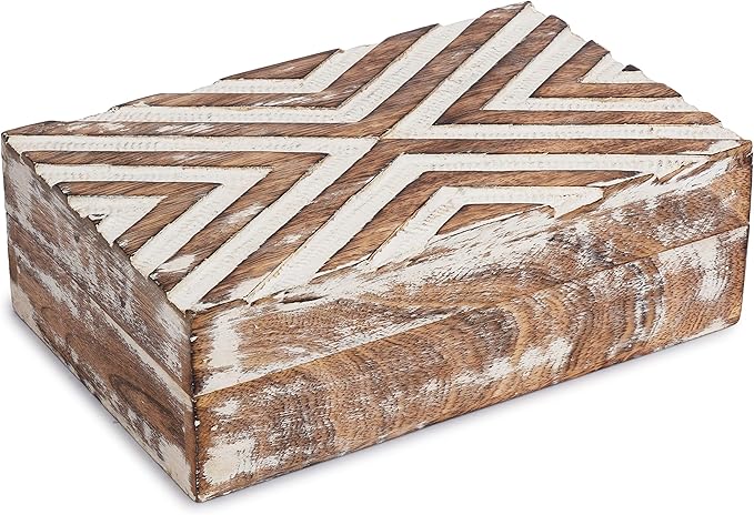 Ajuny Handmade Wooden Box – Hand Carved Line Design Keepsake Box, Decorative Jewelry Organizer Treasure Chest, Memory Stor...