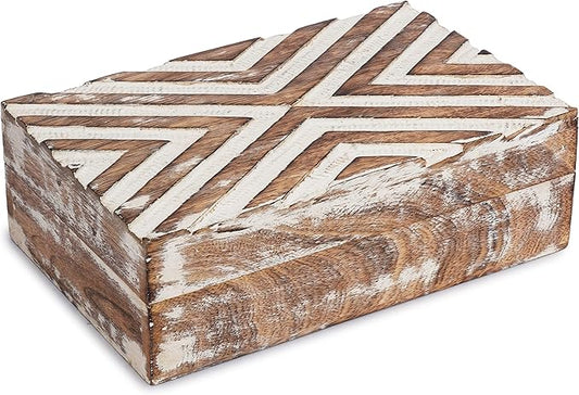 Ajuny Handmade Wooden Box – Hand Carved Line Design Keepsake Box, Decorative Jewelry Organizer Treasure Chest, Memory Stor...