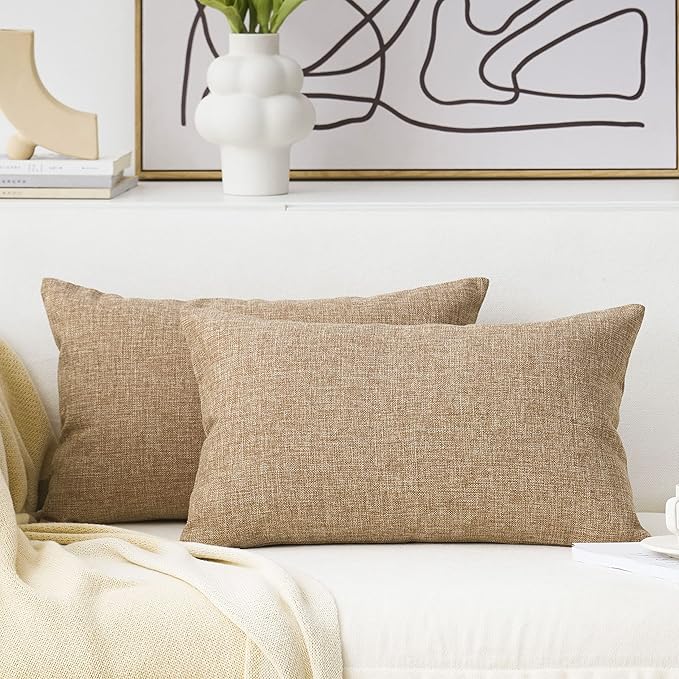 Home Brilliant Decor Linen Textured Oblong Cushion Cover Decorative Throw Pillow Cover for Sofa, 30cm x 50cm, 2 Pack, Natu...