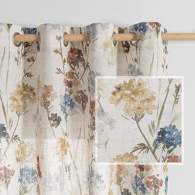 MYSKY HOME Floral Linen Curtains 84 inch Length 2 Panels Set Spring Flower Patterned Semi Sheer Light Filtering Privacy Fa...
