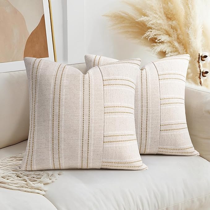AELS 18x18 Decorative Farmhouse Linen Throw Pillow Covers, Boho Textured Pillow Case, Set of 2, Beige with White & Brown S...