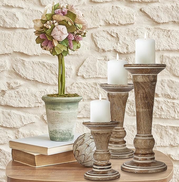 Hand Crafted Decorative Wooden Pillar Candle Holder Stand Siren Shape, Rounded Turned Colums, Country Style Ideal for Gif...