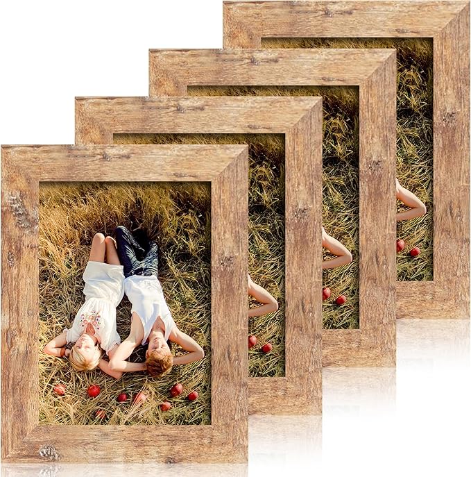 iRahmen 5x7 Picture Frame Set of 4, High Definition Real Glass Rustic Brown Frame, 5 x 7 Wood Photo Frames for Tabletop Di...