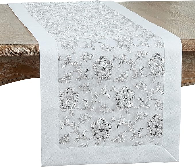 SARO LIFESTYLE Floral Embroidered Table Runner, White, 16"x90"