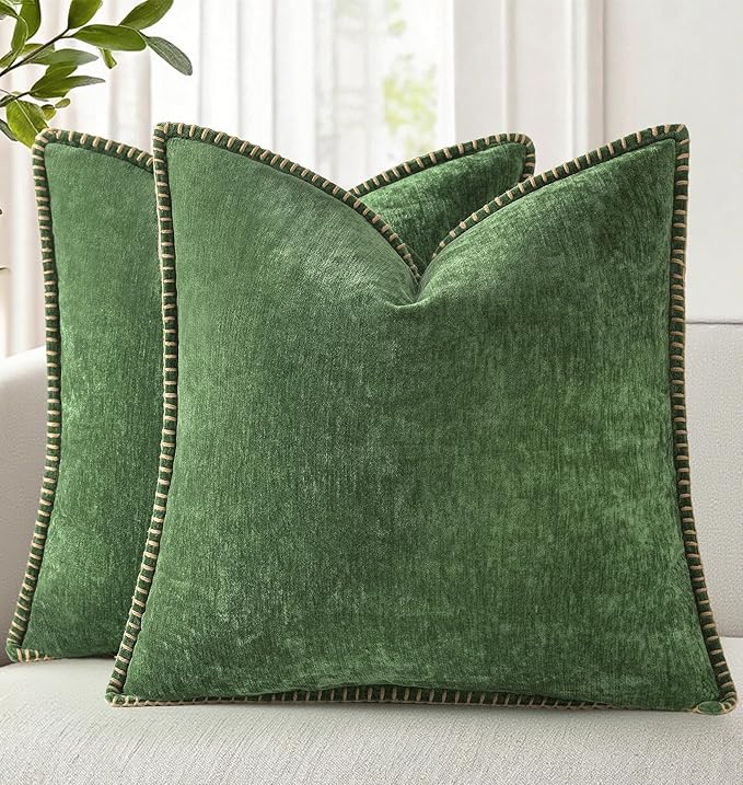 decorUhome Chenille Soft Cozy Throw Pillow Covers 18x18 Set of 2, Modern Farmhouse Boho Velvet Decorative Pillow Cases wit...