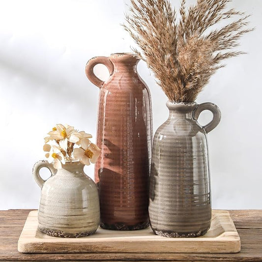 Ceramic Vases Set of 3, Neutral Rustic Farmhouse Vase with Handle, Decorative Flower Vases Home Decor Modern Boho Pampass ...