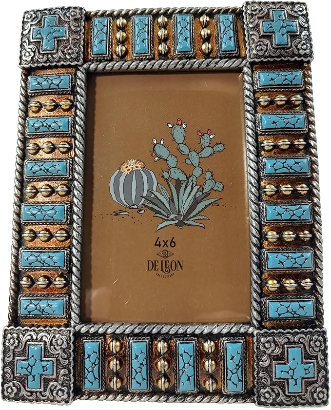 De Leon Collections 14251 Cross Vintage Ornate Turquoise and Brushed Silver Tone 8.5 Inch Polyresin and Glass Western Sout...