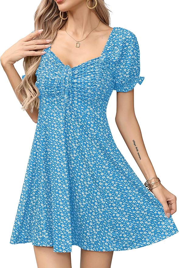 Missufe Women's Puff Short Sleeve Fit and Flare Casual Drawstring Floral Mini Sun Dresses 2025 Summer Vacation