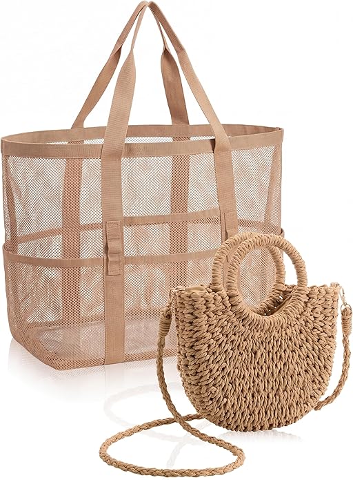 Shinylin 2 Pcs Beach Bags for Women, Straw Clutch Purse & Summer Large Mesh Beach Tote Bag, Woven Envelope Straw Travel Bag