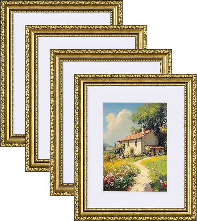 eletecpro 8x10 Picture Frames Set of 4, Gold Frames 8 x 10 with Glass Cover, Vintage Photo Frame Displays 5x7 Photo with M...