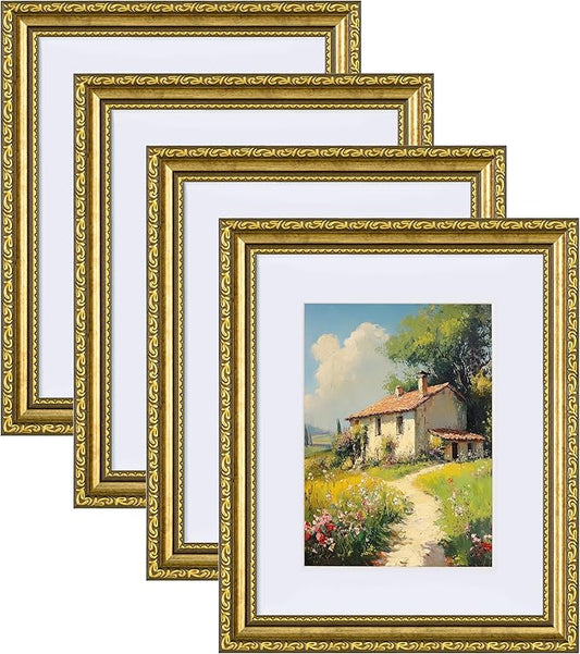 eletecpro 8x10 Picture Frames Set of 4, Gold Frames 8 x 10 with Glass Cover, Vintage Photo Frame Displays 5x7 Photo with M...
