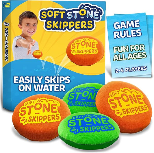 Soft Stone Skippers Game – Fun Pool Toys for Kids All Ages - 4 Pack Water Skipping Discs Set - Beach Games Easter Basket S...