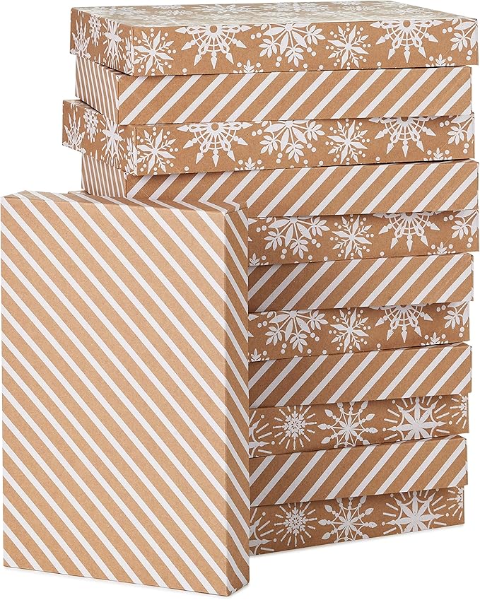 Hallmark Medium Christmas Gift Boxes with Lids (12 Shirt Boxes, 3 Designs: Navy Snowflakes, Gold Trees, Peace on Earth) fo...