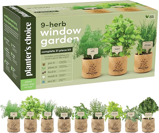 Planters' Choice 9 Herb Indoor Window Garden Kit - House Plants Seeds - Best Unique Gift Ideas for Women, Mom, Friend, He...