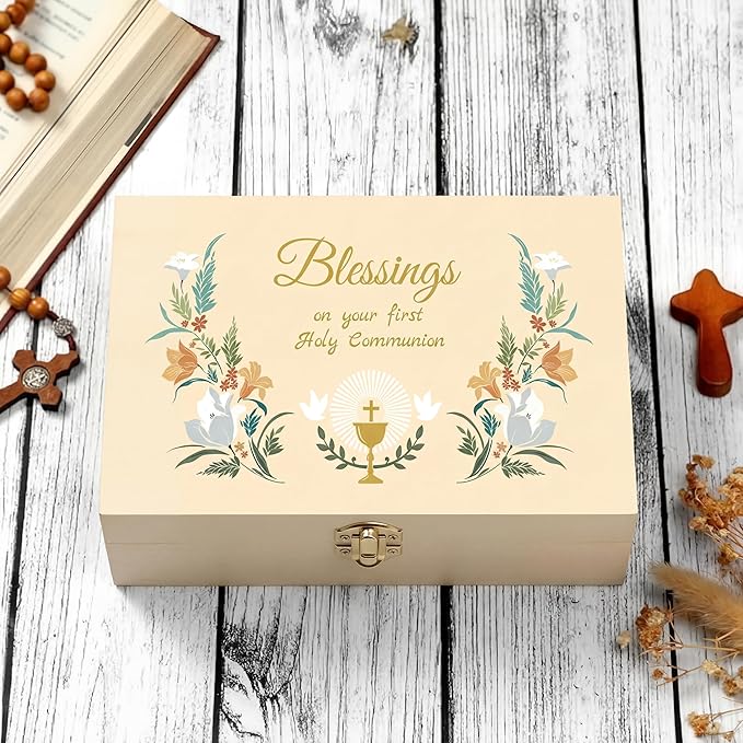 CroBlissful First Communion Wooden Box Keepsake Baptism Memory Box Gift 8.6 x 5.1 x 2.4 Inches First Holy Communion Jewelr...