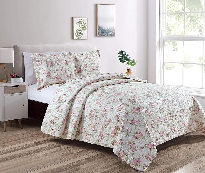 Chezmoi Collection Dakota 3-Piece Printed Pink Rose Cotton Quilt Set - Pink Floral Flower Reversible Stone Washed Lightwei...