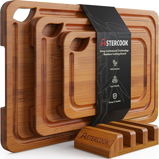 Astercook Deep-Carbonized Bamboo Cutting Boards for Kitchen with Wood Storage Stand, Reversible Charcuterie & Chopping Boa...