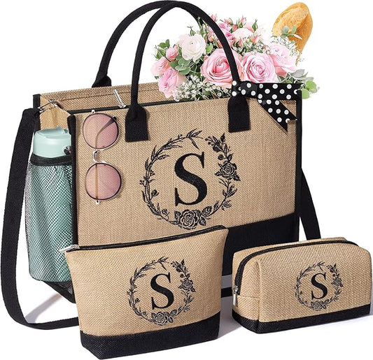Personalized Gifts for Women Tote Bag, Initial Jute Tote Bag & Makeup Bags Monogrammed Beach Bag w/ Zipper, Mothers Day Bi...