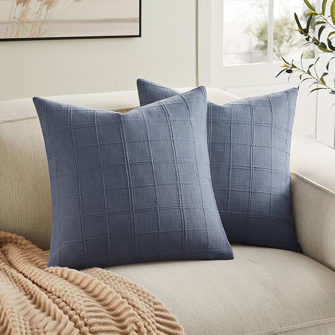 ZeeMart Linen Checked Throw Pillow Covers Set of 2, 18x18 Inch Blue/Cream, Farmhouse Decorative Single Sided Grid Embroide...