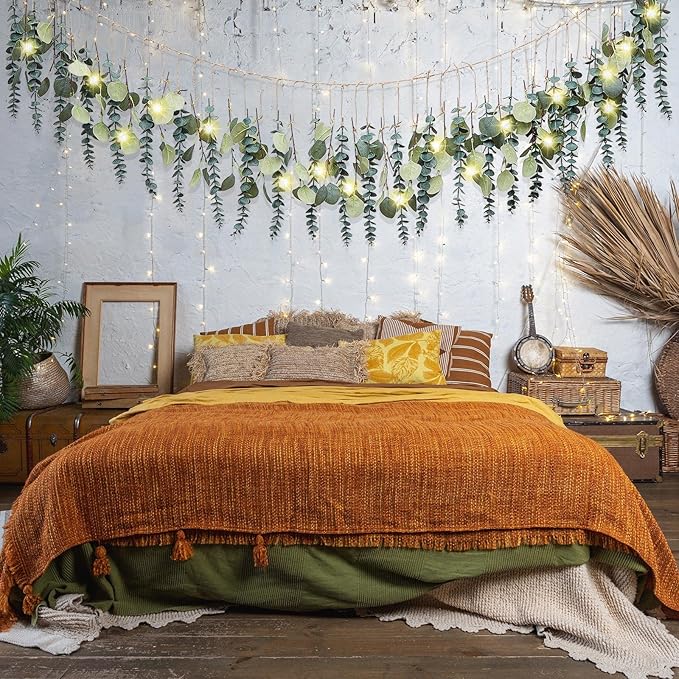 Juexica Artificial Hanging Eucalyptus Wall Decor Boho Bedroom Wall Decor with LED String Light for Home Office Farmhouse N...
