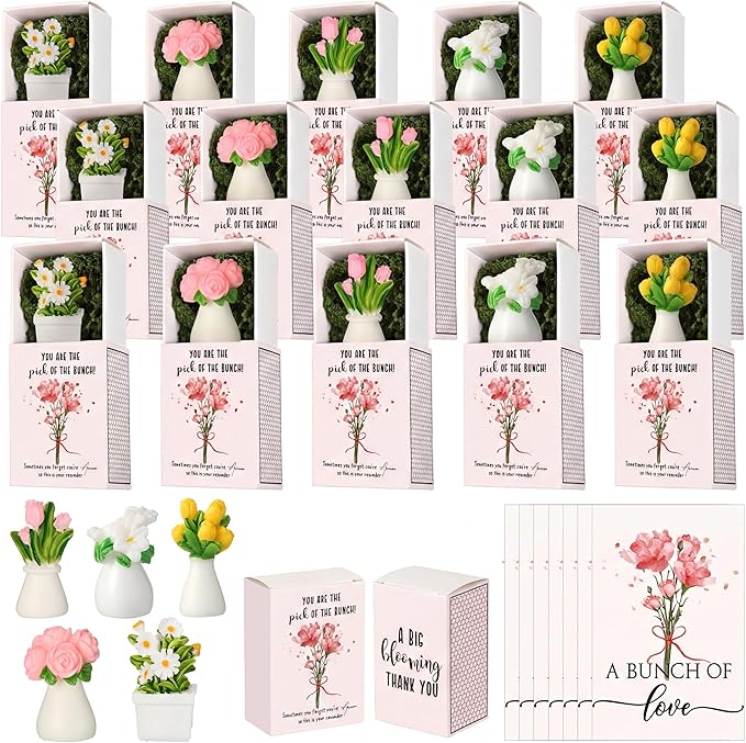 VioraWhite 36 Sets Thank You Gifts for Women Bulk Mini Tiny Flowers with Flowerpot Vase Box Motivational Office Desk Decor...