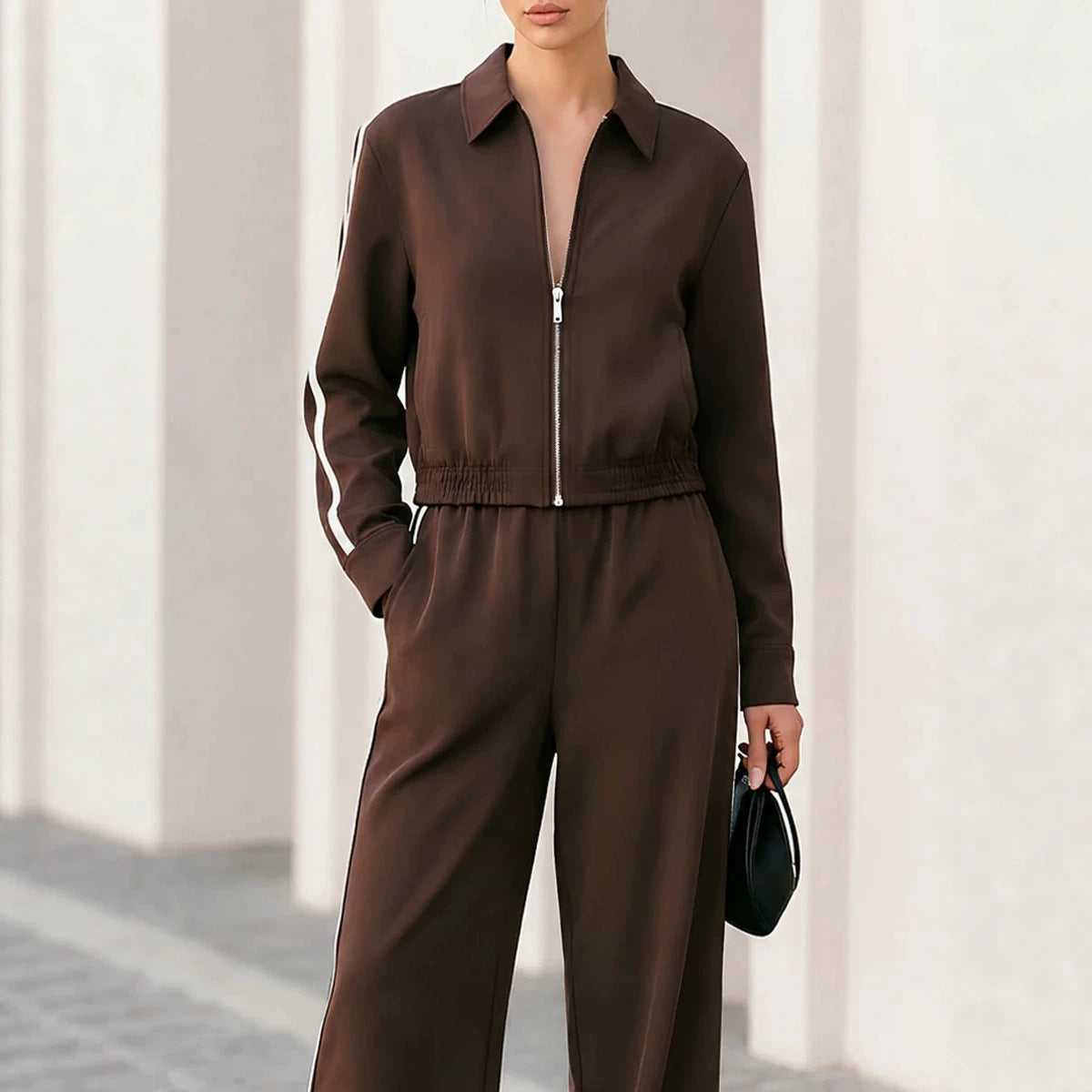 New Fallwinter Stand-collar Zip-up Short Sports Jacket And Side-striped Wide-leg Pants Two-piece Set