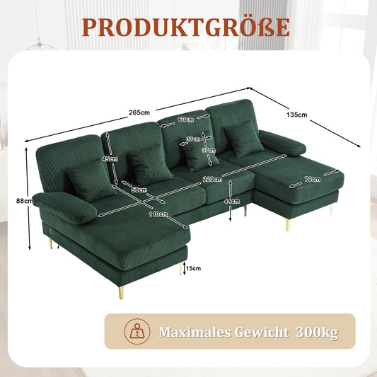 Modern U-shaped Sofa With LED Ambient Lighting & The USB-C Port Solid Wood Frame, 4 Luxurious Cushions & Ergonomic Premium Backrest For Maximum Comfort, Dark Green