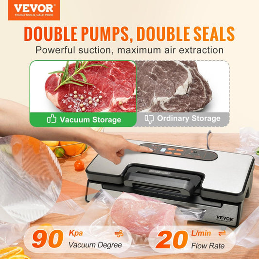 Vacuum Sealer Machine, 90Kpa 130W Powerful Dual Pump And Dual Sealing, Dry And Moist Food Storage, Automatic And Manual Air Sealing System With Built-in Cutter, With Seal Bag And External Hose